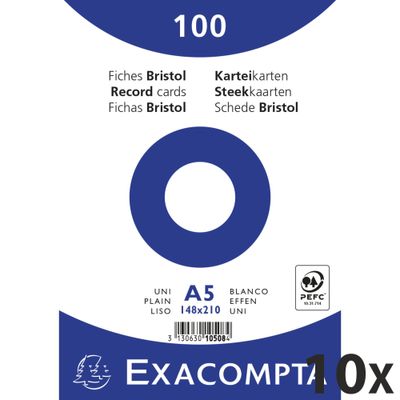 3130631105083-Exacompta - 10 Packs de 100 Fiches Bristol - A5 - unies - non perforées - blanc--0