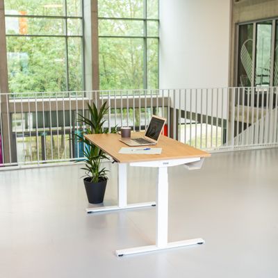 3760350281098-Bureau électrique UGO - L160x80cm - pieds blancs - plateau imitation chêne Stone--0