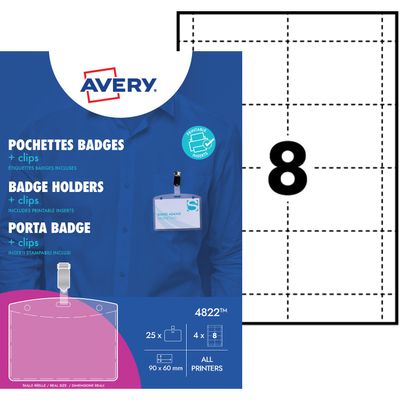 5014702001390-Avery - 25 Badges à clip + 32 étiquettes imprimables - 60 x 90 mm--0