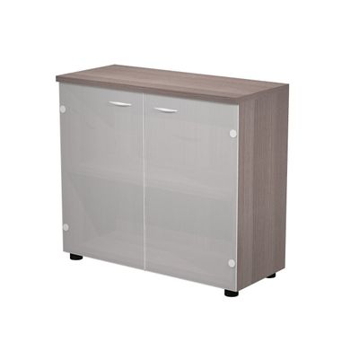 7331920002373-Bibliothèque basse Trend - L80xP35xH72 cm - 2 portes en verre dépoli - imitation frêne Toscan--0