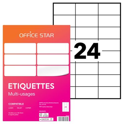 4004182434741-Office Star - 2400 Étiquettes multi-usages blanches - 70 x 37 mm - réf OS43474--0