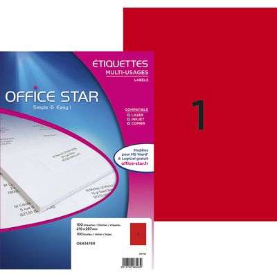 5014702085239-Office Star - 100 Étiquettes multi-usages rouge - 210 x 297 mm - réf OS43478R--0