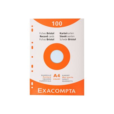 3130630136569-Exacompta - Pack de 100 Fiches Bristol - A4 - petits carreaux - perforées - couleurs assorties-Avant-0