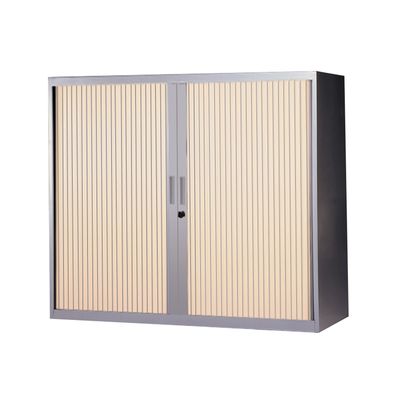 3700339871469-Armoire basse à rideaux - L120  x H105 x P43 cm - 2 tablettes - corps silver / porte chêne clair--0