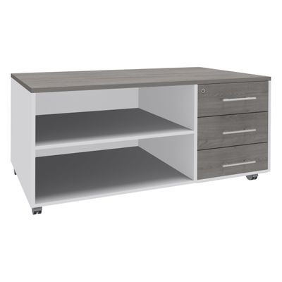 3253310163546-Console mobile LEVEL/STEELY/WOODY- L120 x H63 x P60 cm - 3 tiroirs - coté Blanc - finition façade et dessus imit--0