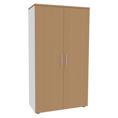 0404000124146-Armoire haute IRIS - H180 x L80 x P47 - 2 portes - Corps Blanc perle - Dessus et portes imitation Hêtr--0