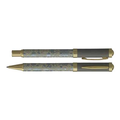3219918262739-Enzo Varini Palazzo Maiolica - Parure de stylo à bille et stylo plume - fond beige motif argenté-Avant-0