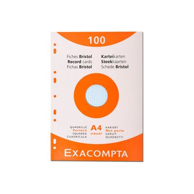 3130630136569-Exacompta - Pack de 100 Fiches Bristol - A4 - petits carreaux - perforées - couleurs assorties-Avant-1