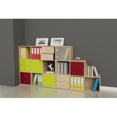 7331910014744-Bibliothèque modulaire MAXICOLOR - 6 cases en escalier - imitation chêne clair--1