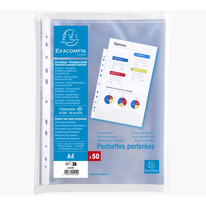 3130630052500-Exacompta - 50 Pochettes plastique perforées - A4 - PP lisses - cristal 6/100E-P_400011661_1-0