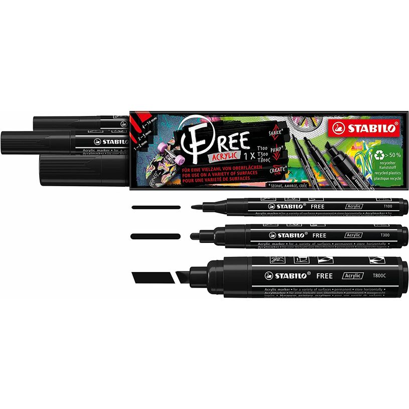 4006381580724-STABILO FREE - Pack de 3 marqueurs acryliques - noir - pointes mixtes-P_405150730_1-0