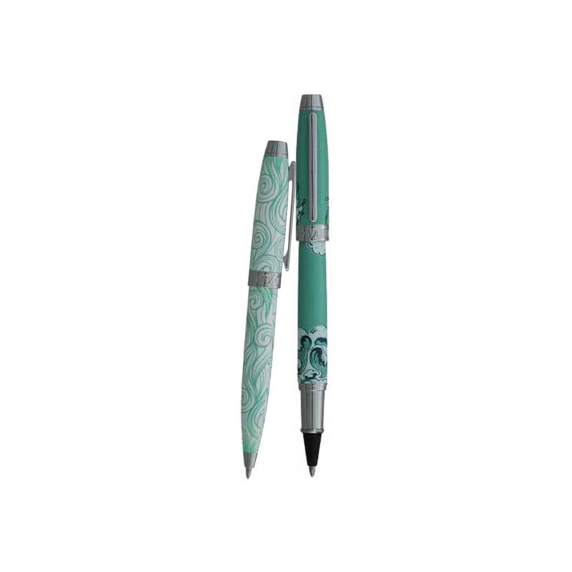 3219918262753-Enzo Varini Mini Taormina Tropea - Parure de stylo à bille et roller - acier blanc et ver-P_405157365_1-0