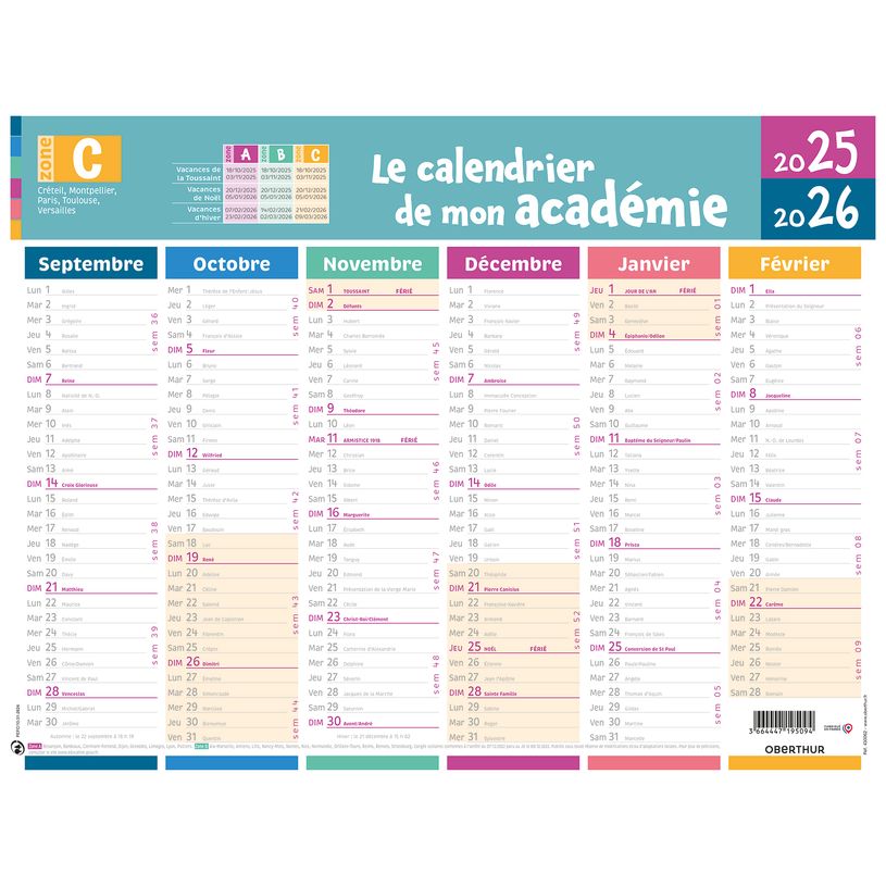 3664447195094-Calendrier de mon académie - Zone C - 6 mois par face - 32 x 42 cm - Oberthur-P_405228538_1-0
