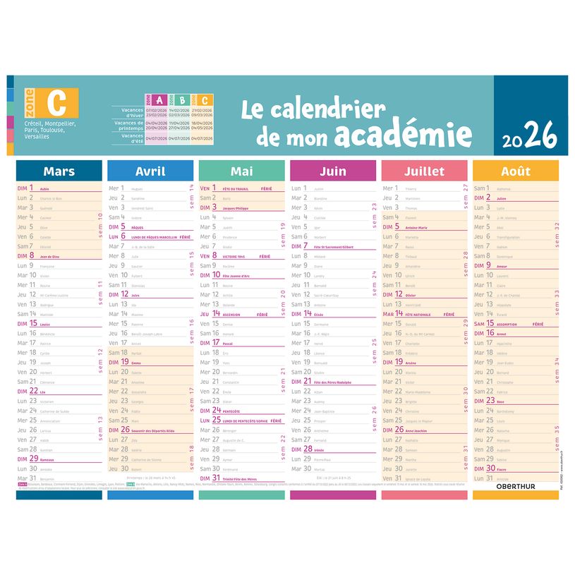 3664447195094-Calendrier de mon académie - Zone C - 6 mois par face - 32 x 42 cm - Oberthur-P_405228538_2-1