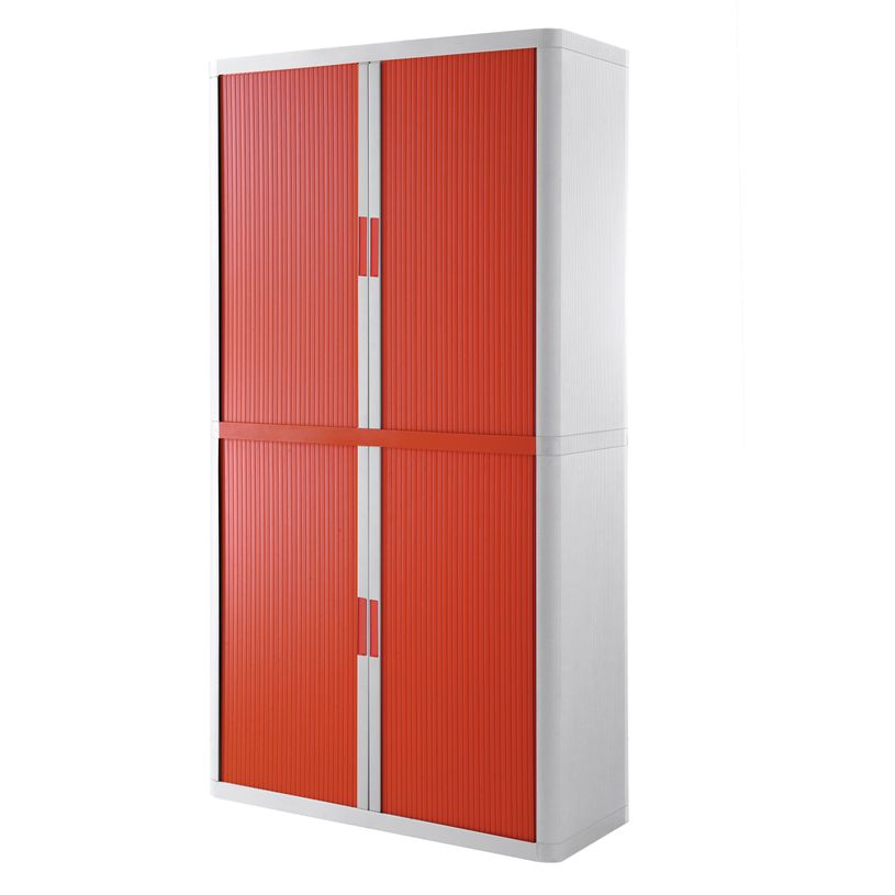 3660141930436-Armoire haute à rideaux EASY OFFICE - 110 x 204 x 41,5 cm - Corps blanc - Rideaux et poignée rouge--0