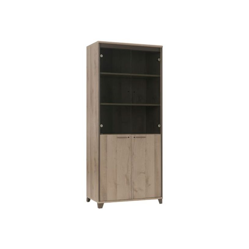 3483600448460-Armoire haute MAMBO - L80 x H187 x P46 - 2 portes vitrées, 2 portes pleines - Chêne/choco-P_79381470_1-0