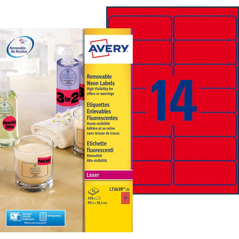 4004182608623-Avery L7263R - Rouge fluo - 38.1 x 99.1 mm 350 étiquette(s) (25 feuille(s) x 14 étiquette-P_79439722_1-0