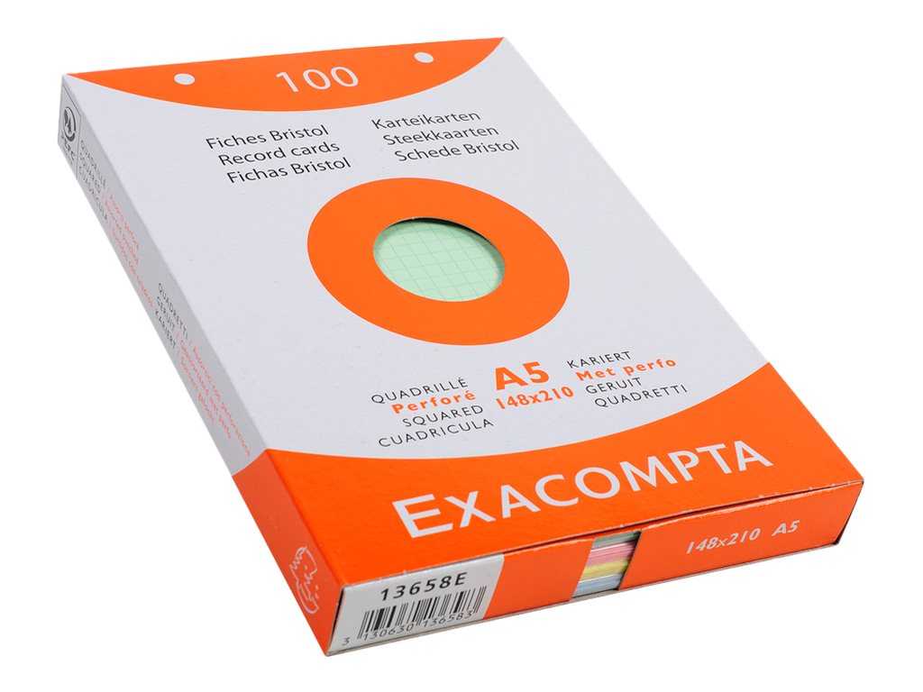 EXACOMPTA - 50 fiches Bristol blanches - 14,8 x 21 - Perforées - 5 x 5 -  Papier P.E.F.C. 205G